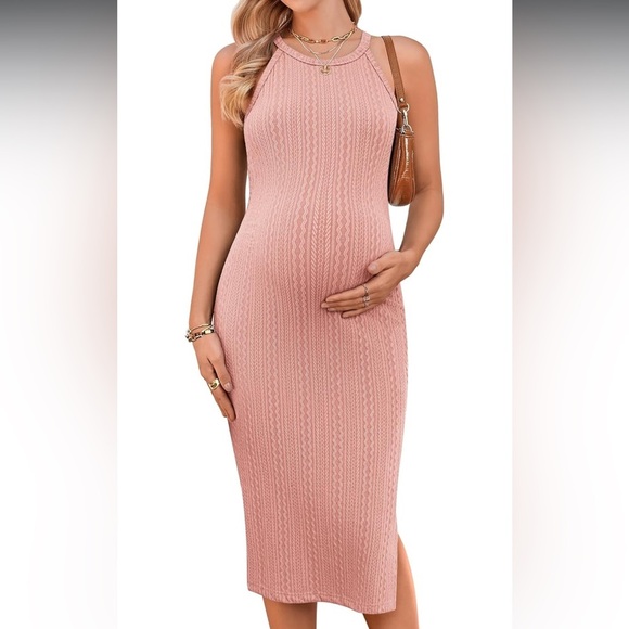 Ekouaer Maternity Dress Rib Knit Side Slit Stretchy Bodycon Pregnancy Dress - Picture 1 of 5